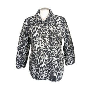 Chicos New Womens Jacket Black Gray Cheetah Quilted Snap Button Coat Size 2P MP
